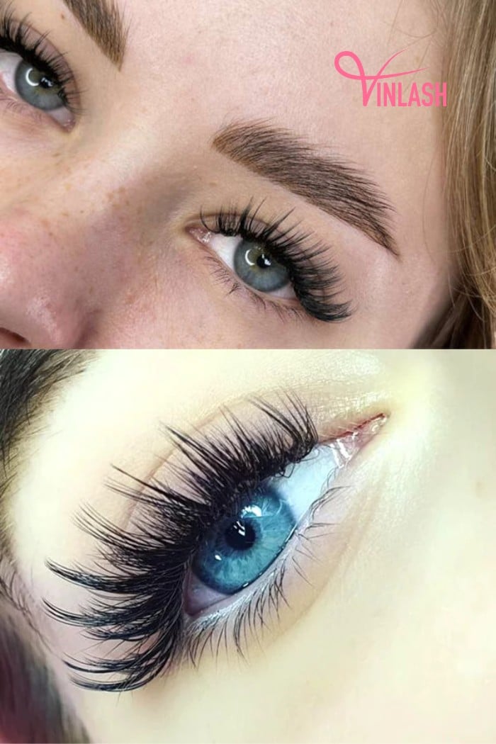 Wispy wet look and cat eye eyelash extensions.
